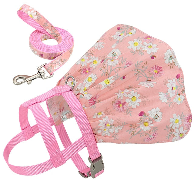 Small Puppy Shih Tzu Clothes Harness Leash Adjustable Floral Printed Pet Harness Vest Dress For Small Medium Shih Tzus