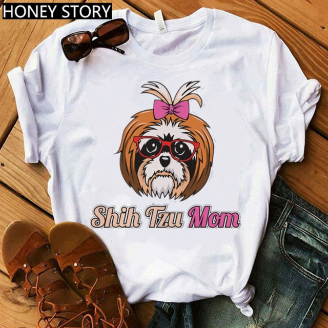 Shih Tzu Mom T-Shirt Women Harajuku Bandana print mama Fashion Cartoon Tshirt Funny Graphic O-Neck Clothes Short Sleeve Tee Tops