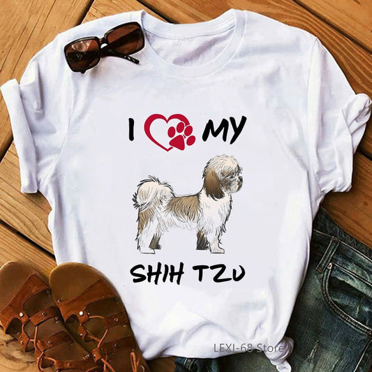 Shih Tzu Adorable Puppy Dog Graphic Print T-Shirt Women Clothes 2022 Funny Dog Mom Tshirt Femme Summer Fashion T Shirt Female