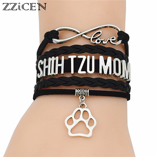 Handmade Leather Antique Infinity Love Shih Tzu Dog Breed Puppy Dog's Pet Paw Charm Bracelets Jewelry Gifts for Dog Lover