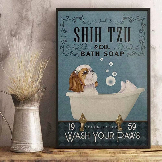 Metal Tin Sign Shih Tzu Co Bath Soap Wash Your Paws Printed Poster Bathroom Toilet Living Room Home Art Wall Decoration