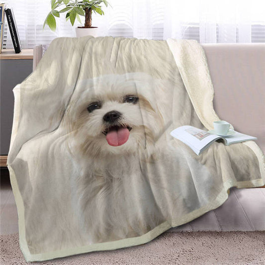 Shih Tzu Throw Blanket for Bed White Dog Fur Print Sherpa Fleece Blanket 3D Animal Bedding Puppy Plush Thin Quilt