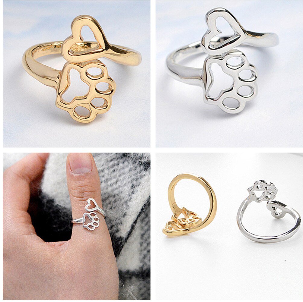 Shih Tzu Ring Adjustable Jewelry Hollow Paw Footprints Heart Ring Girls Fashion  Rings For Women