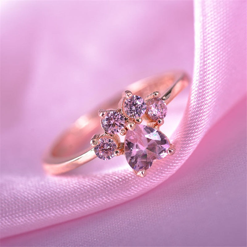 Cute Shih Tzu Paw Crystal Engagement Design Hot Sale Rings For Women Pink Zircon Cubic Elegant Rings Female Wedding Jewelry