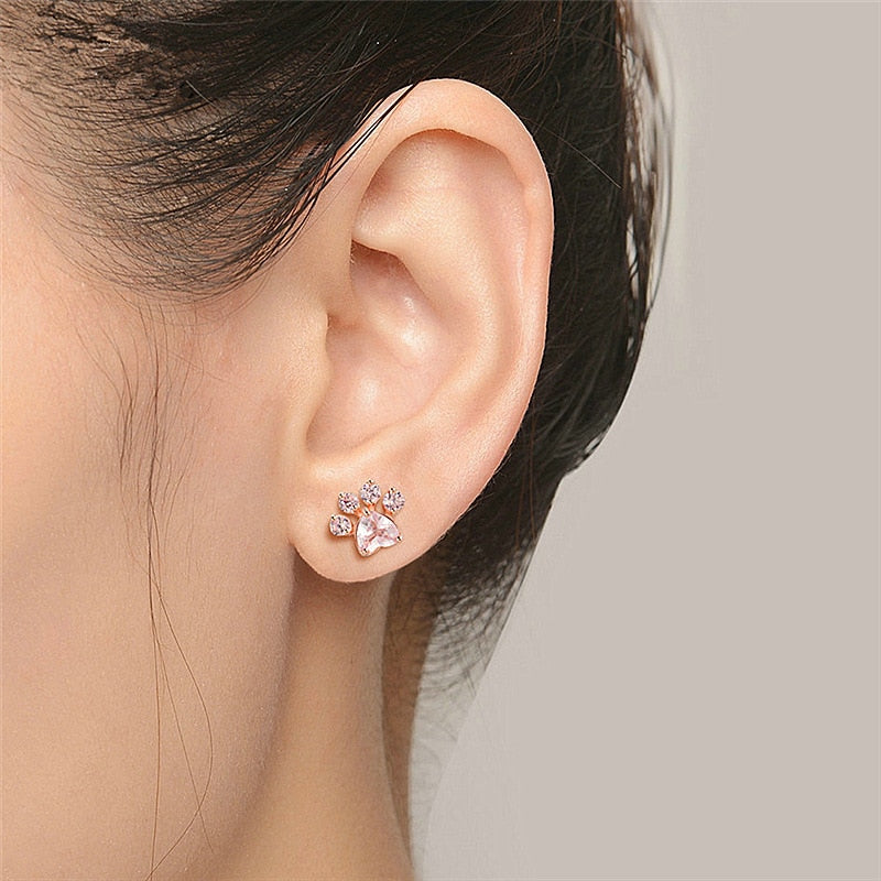 Fashion Cute Pink Zircon Shih Tzu Paw Earrings Trend Pink Claw Stud Earrings For Women Jewelry