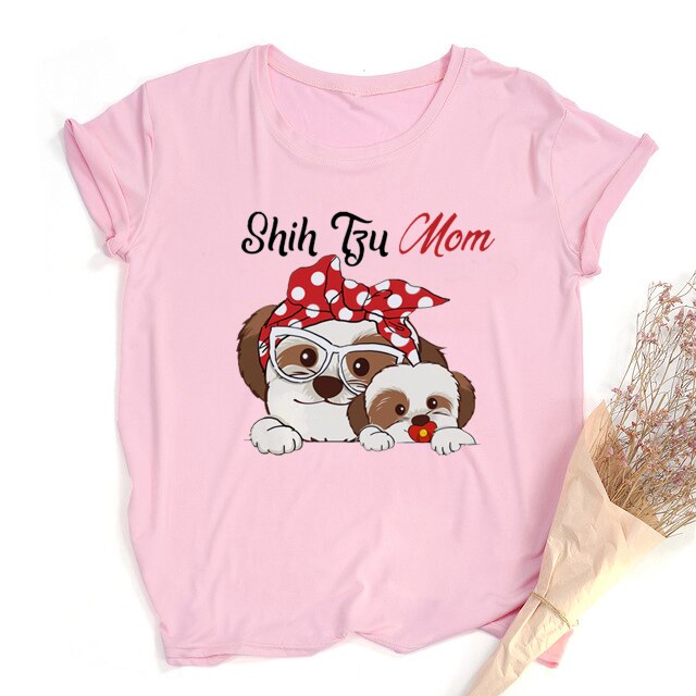 Shih Tzu Mom T-Shirt Women Harajuku Bandana print mama Fashion Cartoon Tshirt Funny Graphic O-Neck Clothes Short Sleeve Tee Tops