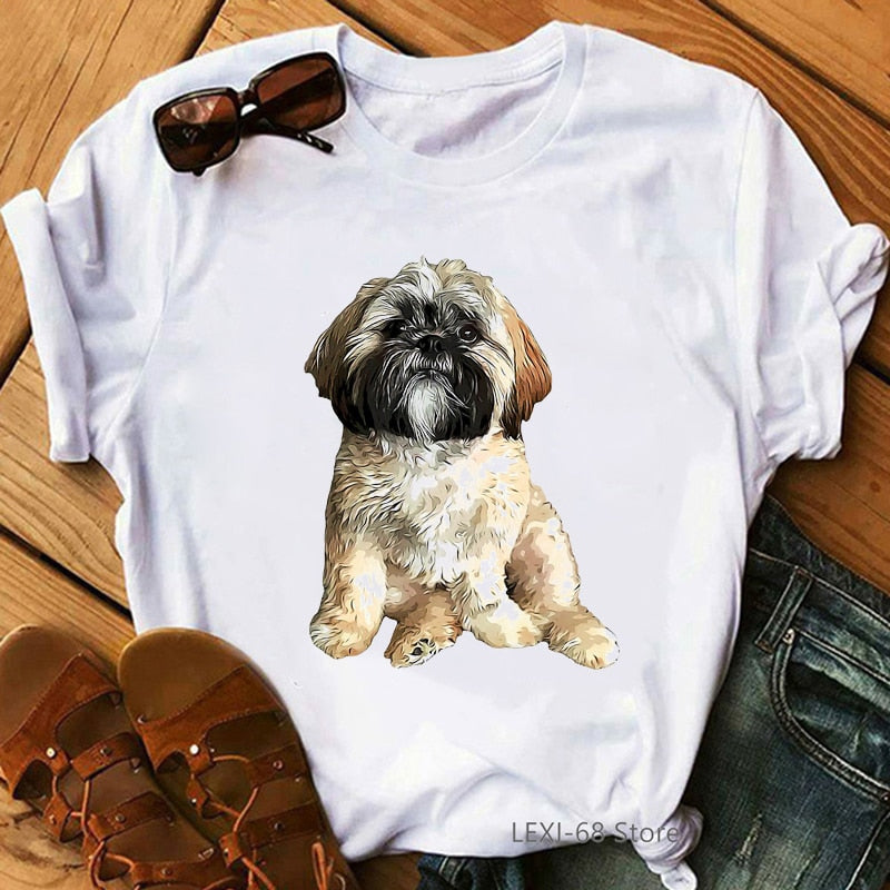 Shih Tzu Adorable Puppy Dog Graphic Print T-Shirt Women Clothes 2022 Funny Dog Mom Tshirt Femme Summer Fashion T Shirt Female