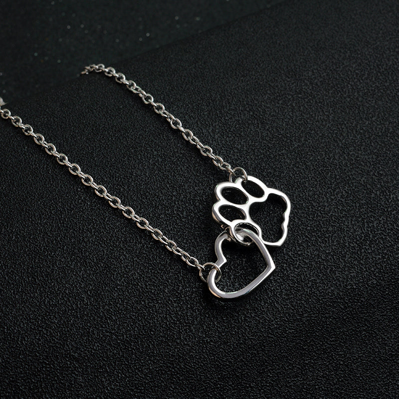 Linked Heart and Paw Hollow Shih Tzu Paw Claw Pendant Necklaces Custom Metal Pet Dog Animal Jewelry Gift for Dog Owners