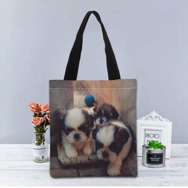 Shih Tzu Dog Tote Bag Canvas Fabric Handbag Two Sides Printed Shopping Bags Traveling Casual Useful Shoulder Bag