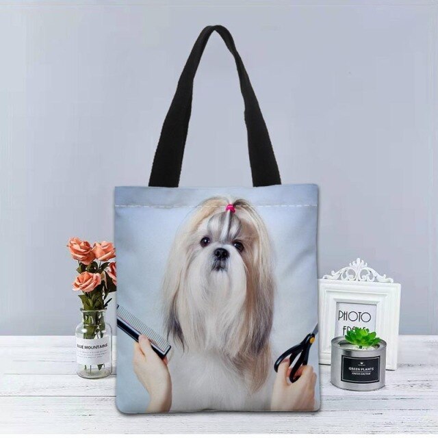 Shih Tzu Dog Tote Bag Canvas Fabric Handbag Two Sides Printed Shopping Bags Traveling Casual Useful Shoulder Bag