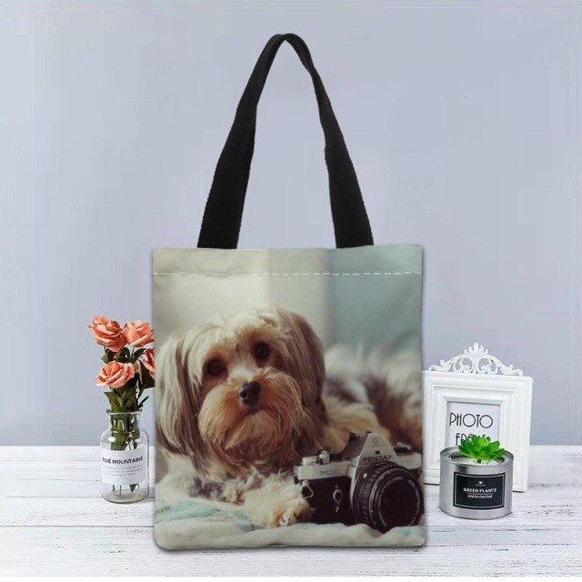 Shih Tzu Dog Tote Bag Canvas Fabric Handbag Two Sides Printed Shopping Bags Traveling Casual Useful Shoulder Bag