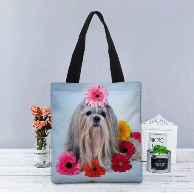 Shih Tzu Dog Tote Bag Canvas Fabric Handbag Two Sides Printed Shopping Bags Traveling Casual Useful Shoulder Bag