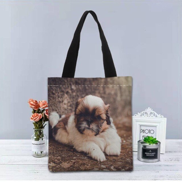 Shih Tzu Dog Tote Bag Canvas Fabric Handbag Two Sides Printed Shopping Bags Traveling Casual Useful Shoulder Bag