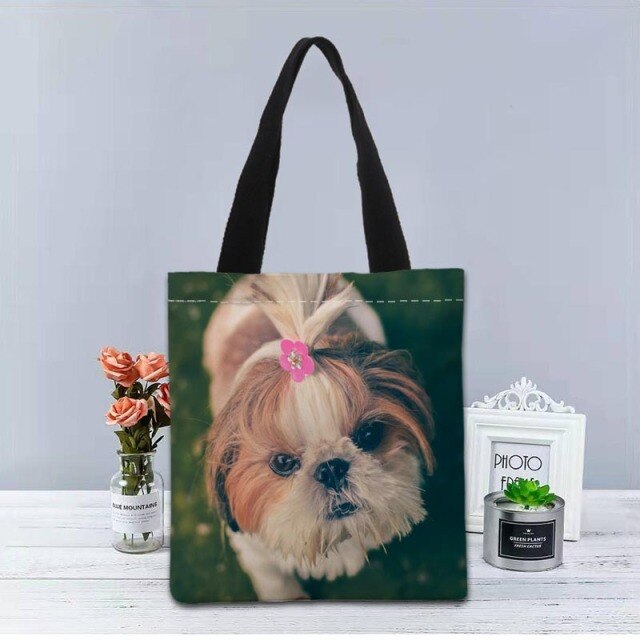 Shih Tzu Dog Tote Bag Canvas Fabric Handbag Two Sides Printed Shopping Bags Traveling Casual Useful Shoulder Bag