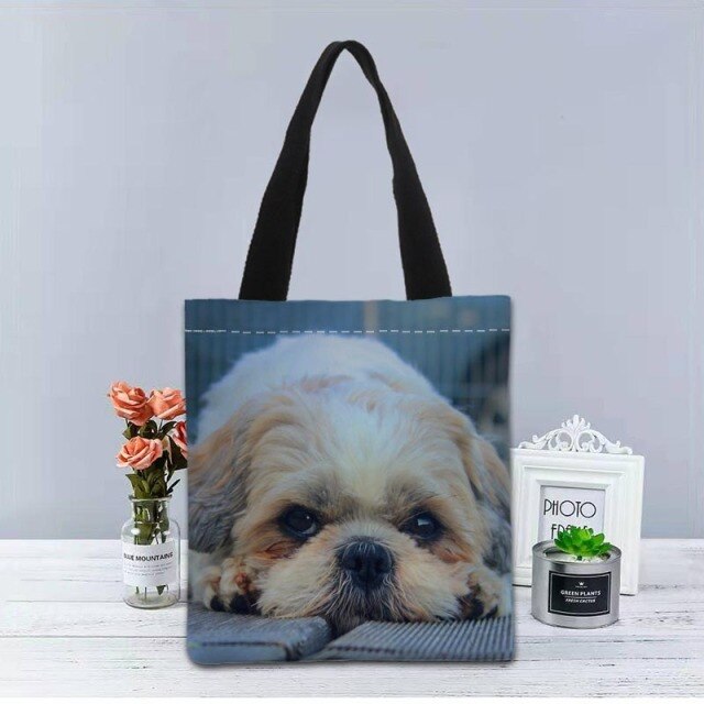 Shih Tzu Dog Tote Bag Canvas Fabric Handbag Two Sides Printed Shopping Bags Traveling Casual Useful Shoulder Bag