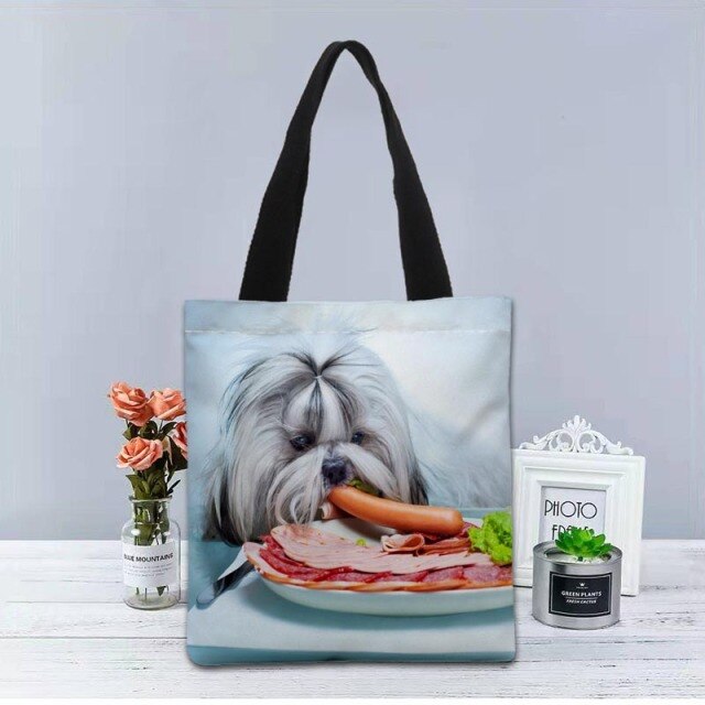 Shih Tzu Dog Tote Bag Canvas Fabric Handbag Two Sides Printed Shopping Bags Traveling Casual Useful Shoulder Bag