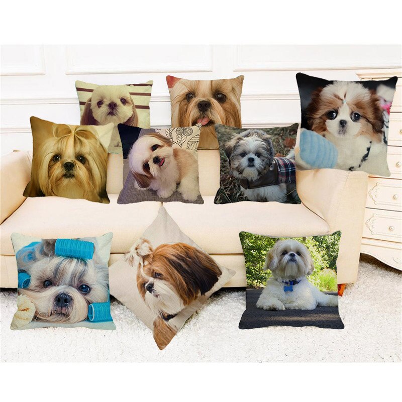 Cute Dog Shih Tzu Dog Cushion Cover Linen Printing Pillowcase Home Decorative For Sofa Car 45x45cm Throw Pillowcase