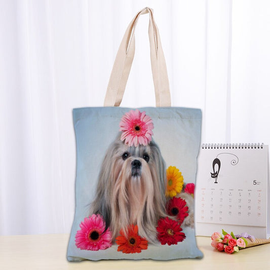 Shih Tzu Dogs Tote Bag  Handbag Shoulder Pouch Foldable Canvas Shopping Bags Reusable Women Canvas Shoulder Bag