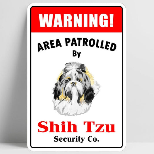 Warning Area Patrolled by Shih Tzu Retro Vintage Tin Sign Bar Pub Home Metal Poster Wall Art Decor Poster